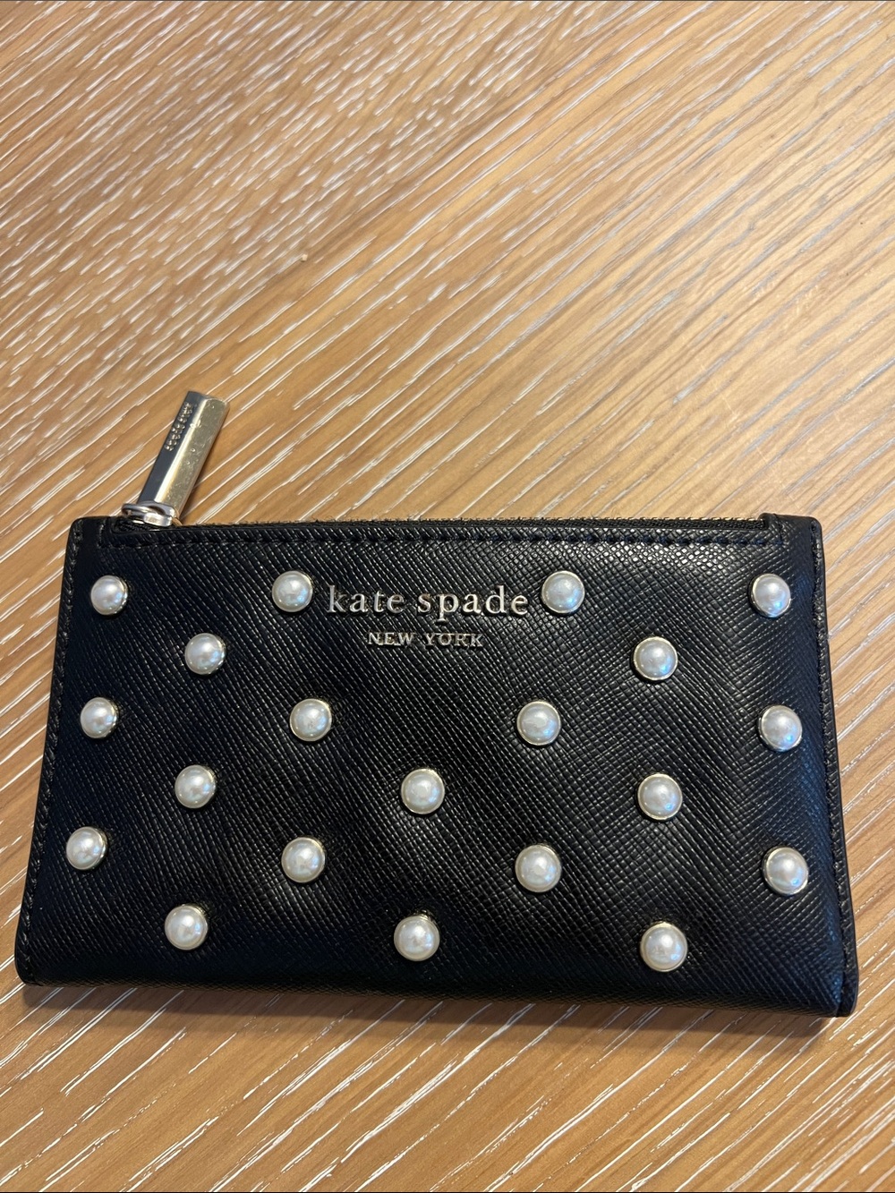 kate spade Black Pearl-Embellished Zip Card Wallet
